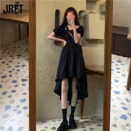 Jret小眾a字裙前短后長(zhǎng)裙子黑色連衣裙女夏季法式復(fù)古顯瘦氣質(zhì)小黑裙 黑色[連衣] L 建議100-115斤