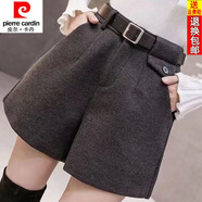 皮爾卡丹（pierre cardin）23年新款毛呢闊腿短褲秋冬外穿新款高腰三分短褲女修身褲子女顯瘦 深灰色毛呢 (秋冬款)(有皮帶) M 建議96-106斤