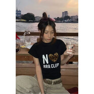 25SS韓國ins小眾豹紋愛(ài)心正肩短款修身顯瘦純棉高彈辣妹短袖T恤女 黑色 (純棉高彈) S