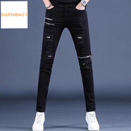 Supnba21歐洲站夏季刺繡牛仔褲男潮牌修身小腳潮流男 黑色847款補丁拉鏈 [單件裝] 28 腰圍[2尺1]