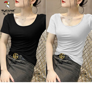啄木鳥(niǎo)莫代爾雙U領(lǐng)短袖t恤女裝2025夏季薄款冰絲低領(lǐng)緊身上衣半袖體恤 黑色+白色 XL 【建議120-130斤】