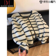 DAVEY MODE歐貨復古條紋針織外套女秋冬及慵懶風(fēng)牛角扣v領(lǐng)寬松短款毛衣開(kāi)衫 條紋開(kāi)衫【zt】 XL 建議120-130斤