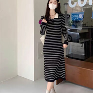 靈動的空氣條紋長袖針織連衣裙女秋冬季新款法式復(fù)古氣質(zhì)寬松顯瘦打底長裙子 黑色 均碼【推薦90-130斤】