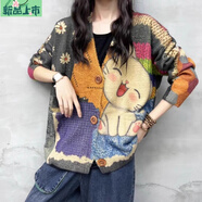艾妃琳文藝復古秋冬印花仿水貂絨開(kāi)衫女寬松顯瘦長(cháng)袖V領(lǐng)針織外套上衣 貓咪款 XL 【120-140斤】