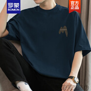 羅蒙（ROMON）260g美式重磅t恤男短袖純棉圓領(lǐng)上衣服夏季潮流寬松全棉半袖體恤 M09-694藏藍色 L 【120-140斤】