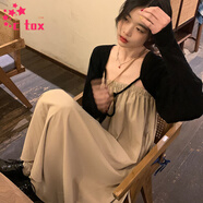 CTOX溫柔風(fēng)別致連衣裙夏兩單件套裝設計感小眾裙子一字肩抹胸吊帶長(cháng)裙 黑色外套 M 95-110斤