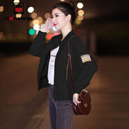 AEMAPE外套女2025春秋冬季新款短外套女刺繡短款?yuàn)A克休閑棒球服女上衣 黑色 S _建議90-105斤