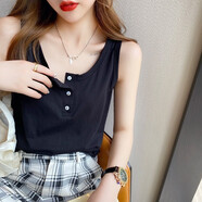 OLOEY背心女夏外穿大碼寬松吊帶內(nèi)搭2025新款白色打底棉麻無袖上衣 黑色 寬肩帶紐扣款 S 80-95斤