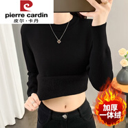 皮爾卡丹（pierre cardin）秋冬季加絨加厚毛衣女一體絨圓領(lǐng)內搭打底針織衫修身大尺碼保暖上 黑色（低圓領(lǐng)） S 建議80-90斤