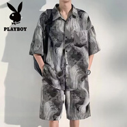 花花公子冰絲水墨扎染套裝男夏季潮痞帥寬松短袖花襯衫沙灘短褲休閑兩件套 TZ082-花色套裝 XL 建議125-145斤