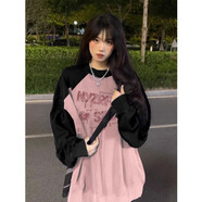 拼色插肩圓領衛(wèi)衣女春秋2025新款美式復古港風chic無帽長袖上衣潮 黑拼粉色【春秋薄款】 XL ( 適合110-125斤 )