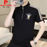 皮爾卡丹（pierre cardin）服裝歐洲站2024新款男士立領(lǐng)短袖T恤套裝秋季帥氣服裝休閑兩件套 6T001-黑色單件上衣 2XL