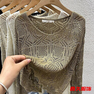 美安嘉夏季鏤空長(cháng)袖針織衫罩衫女新款遮陽(yáng)白色短款外搭薄款寬松上衣 卡其色-針織衫 輕薄 L 建議110-120斤-輕薄針織衫