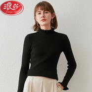 蕉京木耳花邊半高領(lǐng)羊毛衫女套頭毛衣短款秋冬加厚緊身針織打底衫顯瘦 黑色 2XL