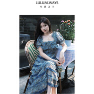 LULUALWAYS我愛(ài)露露24夏季新款氛圍感歐根紗印花蛋糕裙長(zhǎng)款連衣裙 藍(lán)色 L