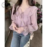 Jret法式甜美雪紡衫女上衣女荷葉邊寬松系帶襯衫V領(lǐng)設計小眾長(cháng)袖襯衣 紫色 L