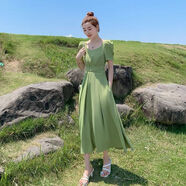 凌菲小姐裙子夏天女裝2025夏季新款學(xué)生方領(lǐng)法式雪紡氣質(zhì)長(cháng)款連衣裙女2025 淺綠色 有口袋 手工鑲鉆 M 85100斤