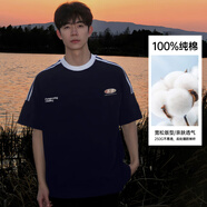 武楠重磅純棉三條杠短袖t恤男夏季美式復古半袖衣服插肩袖體恤衫潮牌 藏青色【三條杠】 M