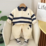 圓圓米米男童套裝春裝1-4歲小男孩兩件套韓版卡通寶寶長(cháng)袖嬰兒衣服春秋裝3 YH251203刺繡小馬標條紋Polo米色 90 碼適合80-85cm約1-2歲