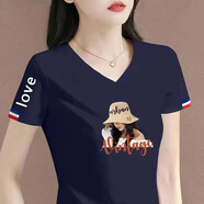 詩婭達(dá)短袖T恤女2025夏季新款洋氣減齡短款修身正肩小衫V領(lǐng)體恤 寶藍(lán)色【花帽女人】 XL 建議110-120斤