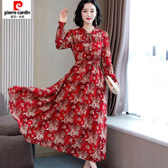 皮爾卡丹（pierre cardin）春秋雪紡連衣裙長(cháng)袖女新款氣質(zhì)大碼長(cháng)款修身收腰顯瘦碎花裙女 紅色 M