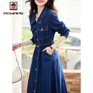 AEMAPE翻領(lǐng)牛仔連衣裙女2025春秋冬新款復古通勤氣質(zhì)收腰顯瘦牛仔裙插袋 藍色 M 【建議95-105斤】