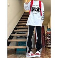 POUM美式復(fù)古側(cè)邊條紋褲子男春秋夏季高街潮流直筒褲百搭運(yùn)動(dòng)衛(wèi)休閑褲 OPX-001黑色 2XL