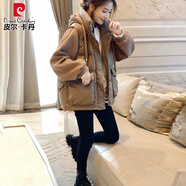 皮爾卡丹歐貨連帽羽絨服女拼接加厚時(shí)尚寬松短款外套秋冬裝2023新款歐洲站 棕色 L【建議105-115斤】