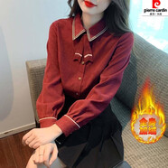 皮爾卡丹加絨歐貨秋冬裝襯衫上衣打底衫女裝時(shí)尚洋氣時(shí)髦磨毛長(cháng)袖 酒紅色加絨 M