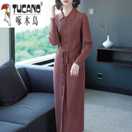 啄木鳥(niǎo)秋冬長(cháng)款毛衣連衣裙2025新款時(shí)尚韓版過(guò)膝女裝長(cháng)袖針織打底連衣裙 磚紅色 S 建議【85-100斤】