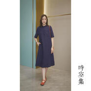 泡普時空集織造亞麻寬松連衣裙女裝連衣裙氣質(zhì)休閑復(fù)古中式文藝 寶石藍(lán) L