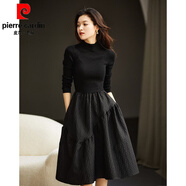 皮爾卡丹（pierre cardin）赫本風(fēng)修身蓬蓬裙秋冬新款長(cháng)袖連衣裙收腰顯瘦黑色針織拼接打底女 黑色長(cháng)袖 M 建議95-110斤
