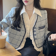 黛芭瑪小香風(fēng)格紋長(zhǎng)袖短外套女2024春秋名媛氣質(zhì)荷葉邊拼接炸街上衣 藍(lán)色外套 M
