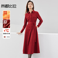 尚都比拉冬季氣質(zhì)通勤襯衫領(lǐng)氛圍感磨毛保暖收腰連衣裙 酒紅色 L 