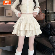婍妡（Qeeshine）杏色蛋糕裙女春秋季高腰顯瘦小個(gè)子A字防走光短裙百褶蓬蓬半身裙 主圖款 S 建議80-斤
