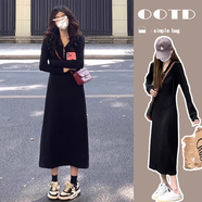 斤慕長款打底針織連衣裙女春秋新款配大衣內(nèi)搭寬松慵懶連帽衛(wèi)衣毛衣裙 黑色純欲連衣裙M碼建議80-125斤