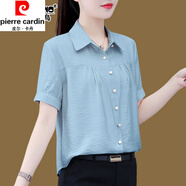 皮爾卡丹（pierre cardin）桑蠶絲短袖襯衫女夏季新款時(shí)尚寬松遮肚子顯瘦中年小衫真絲上衣 藍(lán)色 夏季短袖款 2XL 建議125-140斤
