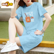 初徑純棉大碼休閑套裝女夏2026新款韓版寬松短袖短褲學(xué)生運動(dòng)服兩件套 藍色套裝西柚果汁 XL 建議110-125