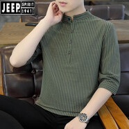 JEEP SPIRIT吉普純棉七分袖t恤男士夏季薄款中國風男裝立領半袖衣服全棉 7899軍綠色 M105斤以內