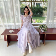 春乏連衣裙女春夏新款法式溫柔風(fēng)穿搭公主裙收腰顯瘦荷葉邊通勤長(zhǎng)裙子 紫色短Xiu連衣裙 L 106-115斤