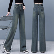 德莉婭窄版闊腿加絨牛仔褲女2025年秋冬褲子女新款高腰寬松復古直筒褲女 復古藍加絨 M (27) 建議98-108斤