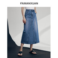 法曼萱（FAMANXUAN）復古藍高腰牛仔半身裙女小個(gè)子夏新款a字后開(kāi)叉中長(cháng)裙 復古藍 XL 175/96A