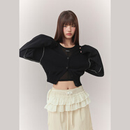 CHUU字母撞色針織衫女2025秋季新品單排扣流蘇V領(lǐng)長袖開衫上衣 黑色 均碼