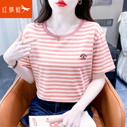紅蜻蜓（RED DRAGONFLY）時(shí)尚刺繡條紋短袖t恤女裝夏裝新款體恤衫寬松高檔上衣服顯瘦 粉色條紋 XL 建議120-134斤