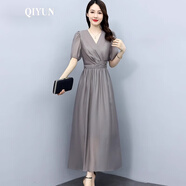 QIYUN品牌女裝 新款天絲連衣裙女2024年新款夏季品牌高端歐貨氣質(zhì)長裙 灰色 XL 【建議115-124斤】