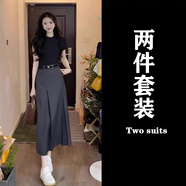 韓璐嬌（hanlujiao）連衣裙女裝2025夏裝搭配一整套氣質(zhì)顯瘦時尚減齡通勤套裝裙子夏天 黑色上衣+灰色裙子【配腰帶】 M 【96-108斤】