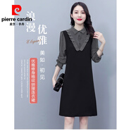 皮爾卡丹（pierre cardin）長袖連衣裙加大碼春秋款胖妹妹氣質減齡假兩件女中長款格紋襯衣領 黑色 3XL 145-160斤