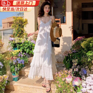 妙奕嘉白色連衣裙裙子女度假小清新吊帶長裙顯瘦純欲蛋糕裙海邊沙灘裙 V領蕾絲邊吊帶蛋糕裙【白色】 M 【建議85-100斤】