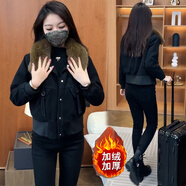 憶靈加絨加厚牛仔短外套女2025冬季新款洋氣顯瘦小個(gè)子毛領(lǐng)派克棉服潮 黑色 XL【110-120斤】
