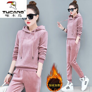 啄木鳥(niǎo)（TUCANO）輕奢高檔女裝金絲絨運動(dòng)套裝女秋冬2025新品時(shí)尚加絨加厚連帽衛衣 加厚雙面絨粉色 XL 建議111-120斤